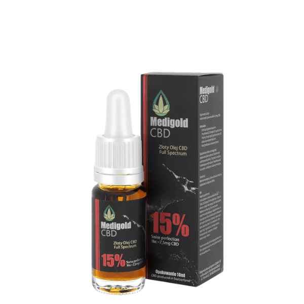 Medigold 15% 10 ml shoper Medigold złoty Olej CBD 15% 10 ml 1500 mg pełne spektrum Certyfikowany