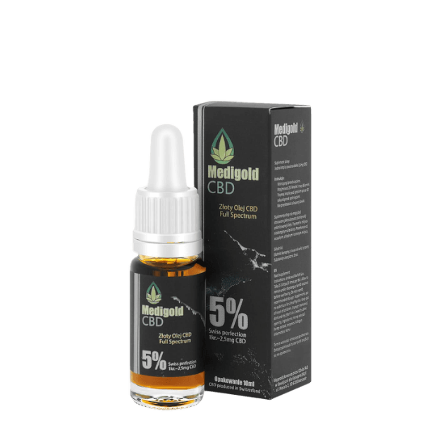 Medigold 5% 10 ml shoper Medigold złoty Olej CBD 5% 10 ml 500 mg pełne spektrum Certyfikowany
