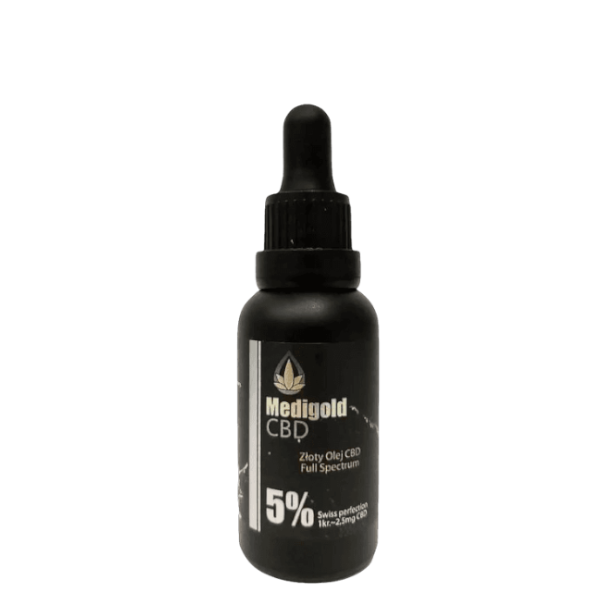 Medigold 5% 30 ml shoper Medigold złoty Olej CBD 5% 30 ml 1500 mg pełne spektrum Certyfikowany